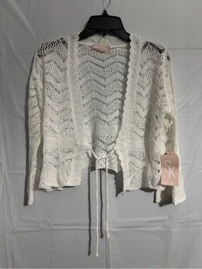 Sweet Kizz Cream Open-Knit Tie-Front Cardigan